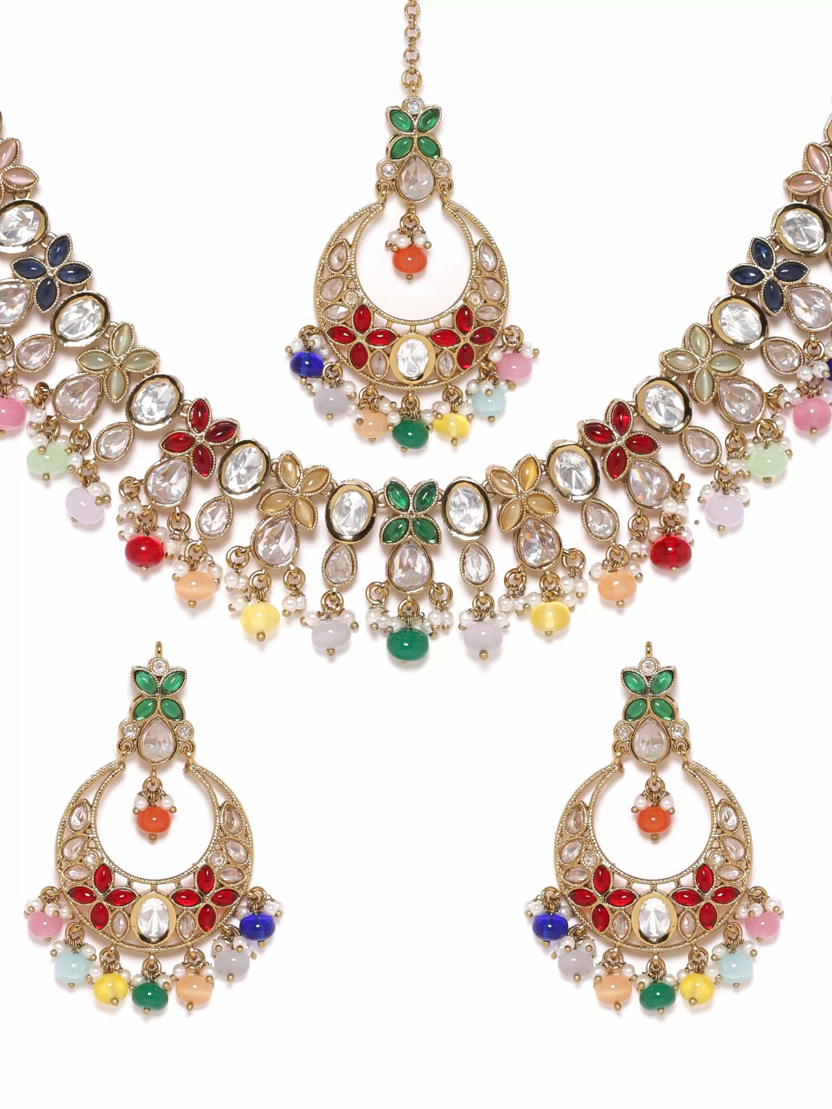 Rubans 22K Gold plated Multicolour beaded Polki studded  necklace set